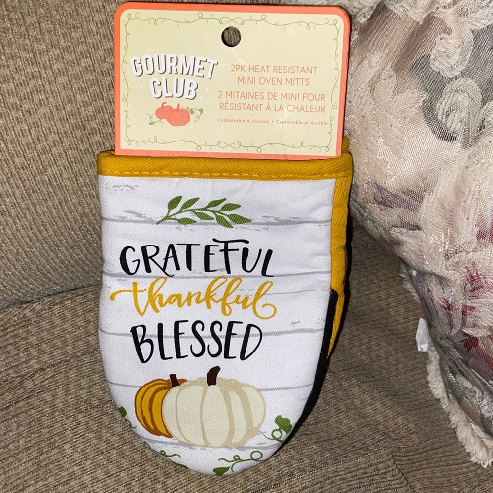 NWT Gourmet Club 2PK Heat Resistant Mini Oven Mitts Grateful, thankful, blessed